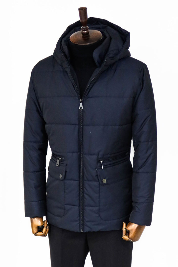 4 Pockets Hooded Zippered Quilted Navy Blue Men Down Coat
