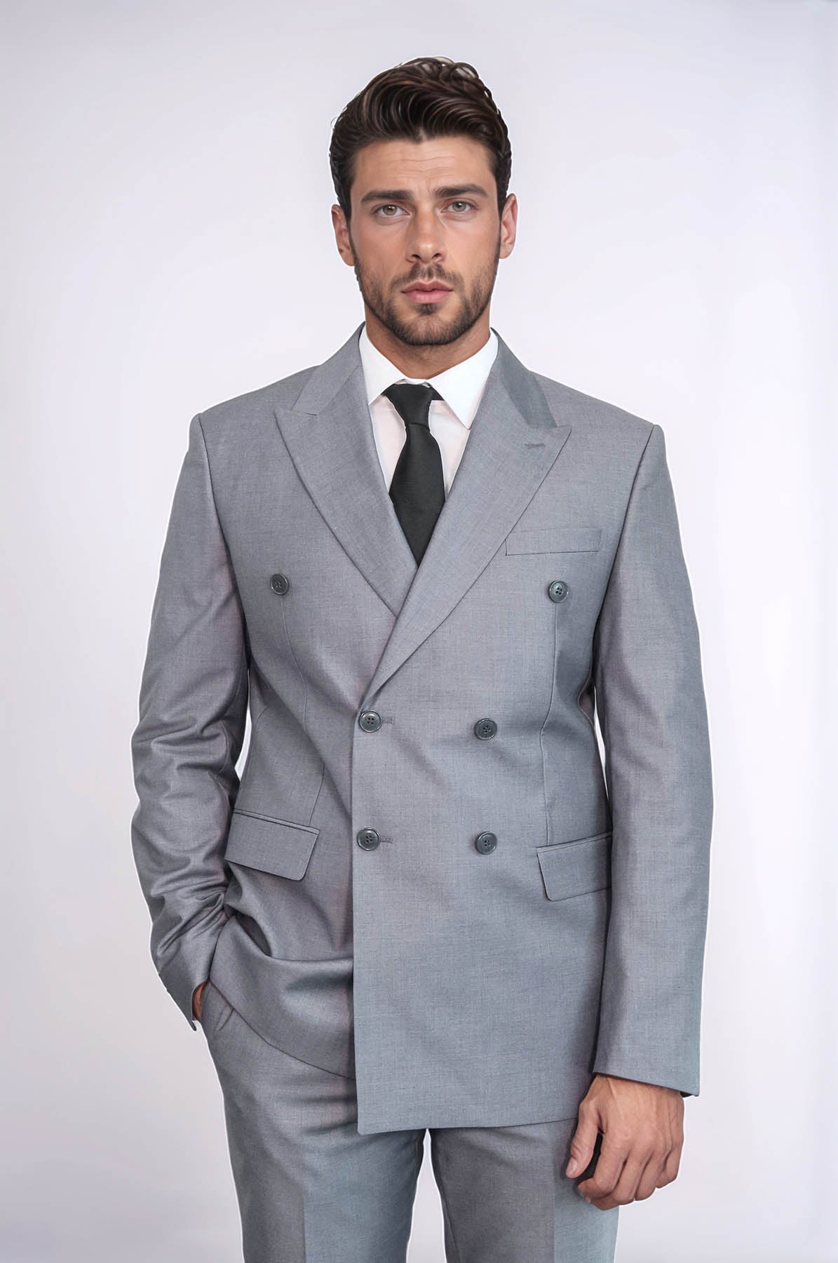 Wide Peak Lapel Striped Slim Fit Gray Men Double-Breasted Suit