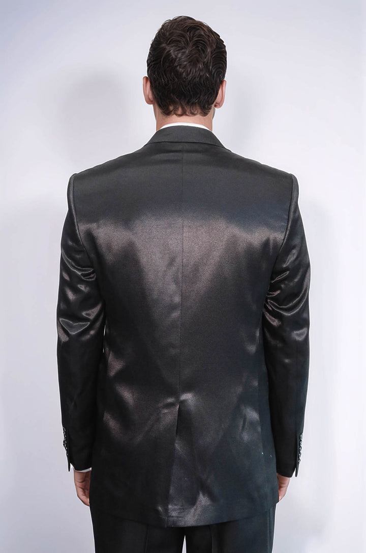 Traje de hombre de satén negro de dos piezas y dos botones, corte ajustado