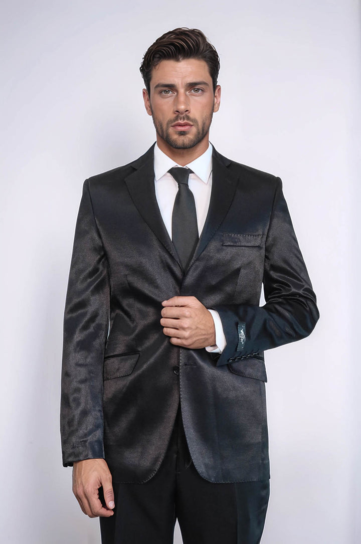 Traje de hombre de satén negro de dos piezas y dos botones, corte ajustado