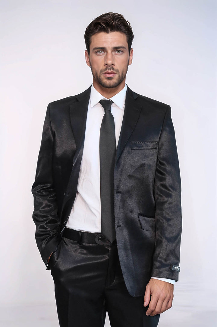Traje de hombre de satén negro de dos piezas y dos botones, corte ajustado