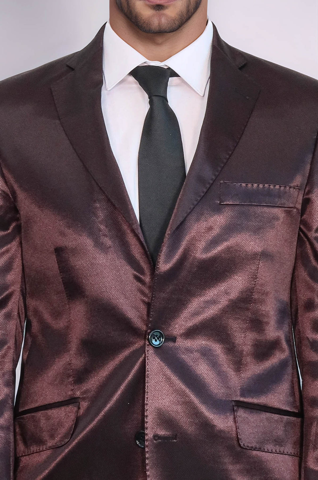 Traje de hombre de satén marrón de dos piezas, corte ajustado y dos botones