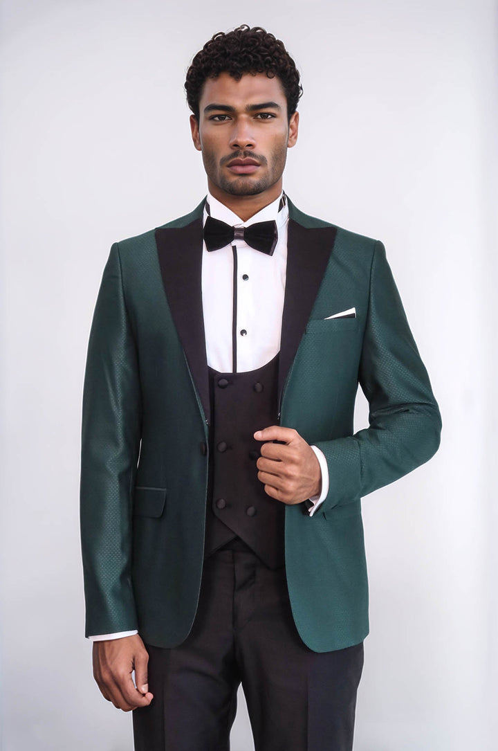 Çift Düğmeli Desenli Yeşil Erkek Tuxedo - Wessi