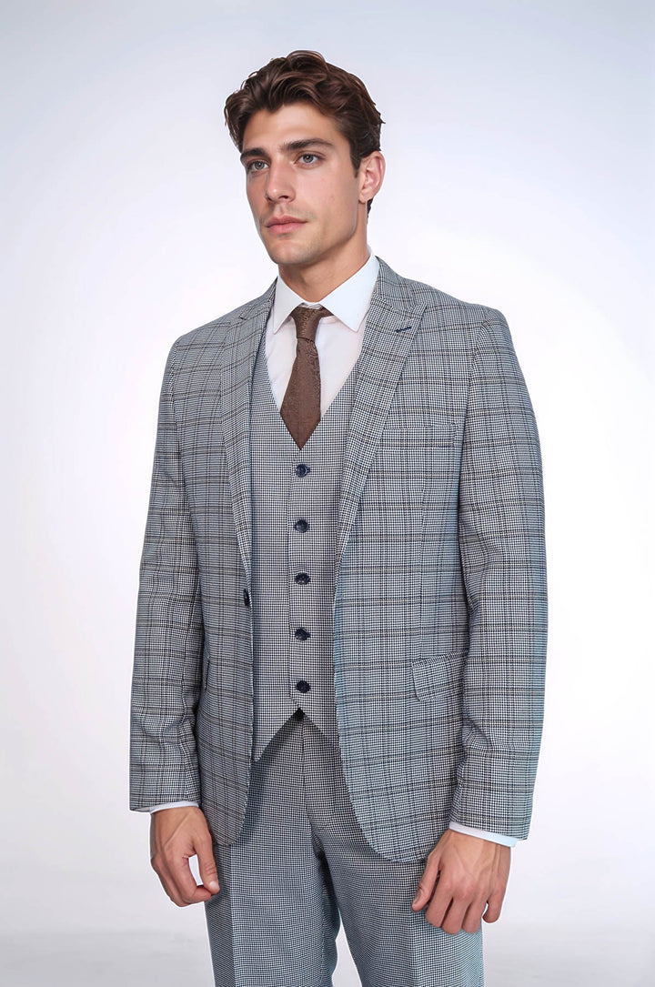 Traje azul claro de corte entallado a cuadros para hombre - Wessi