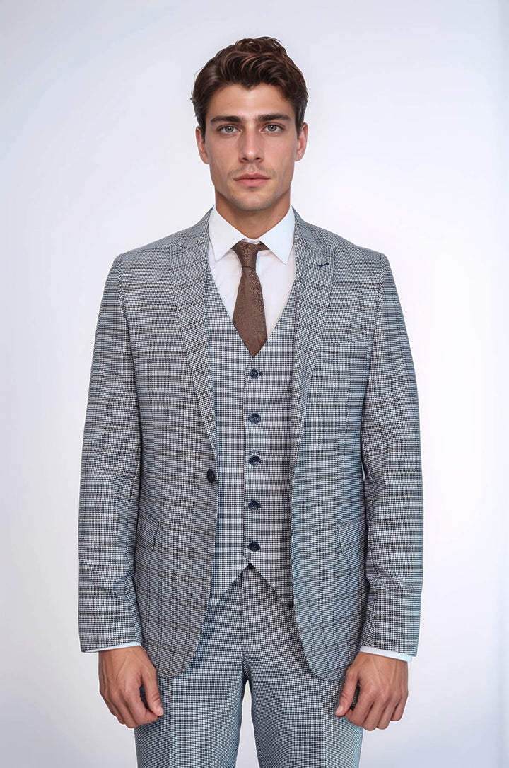 Traje azul claro de corte entallado a cuadros para hombre - Wessi