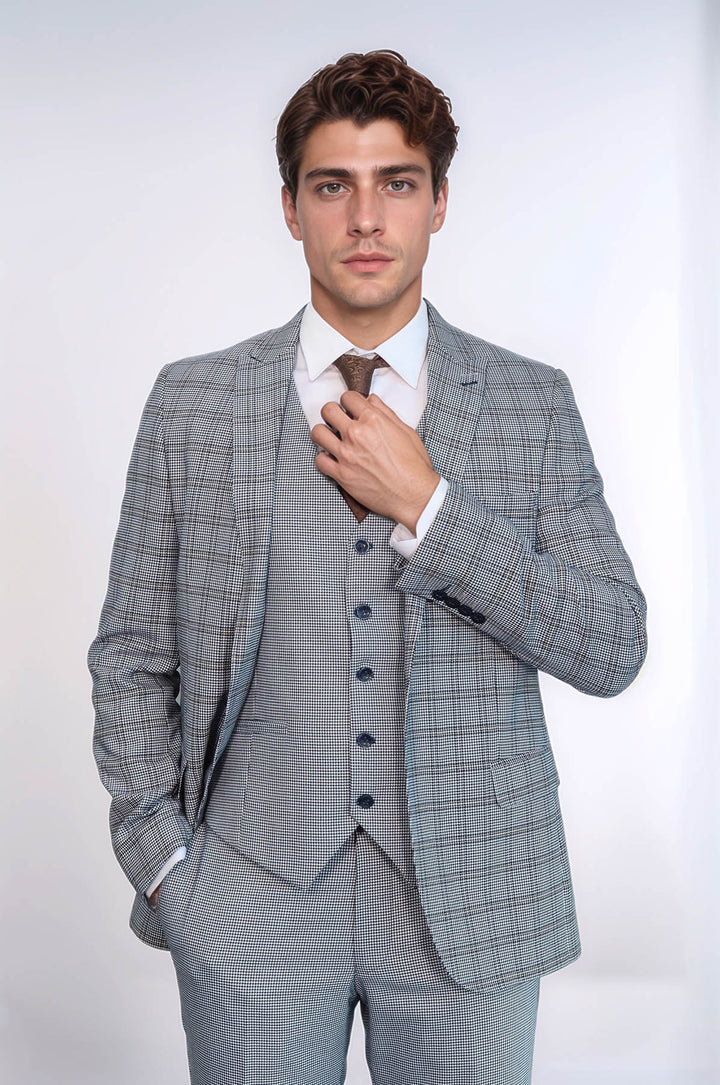 Traje azul claro de corte entallado a cuadros para hombre - Wessi