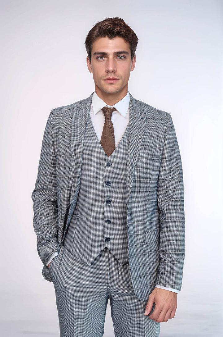 Traje azul claro de corte entallado a cuadros para hombre - Wessi