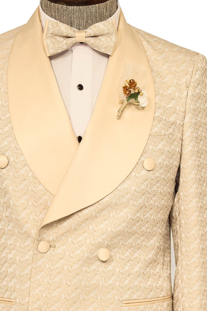 Saten Şal Yaka Desenli Çift Düğmeli Şampanya Erkek Tuxedo Takım Elbise - Wessi