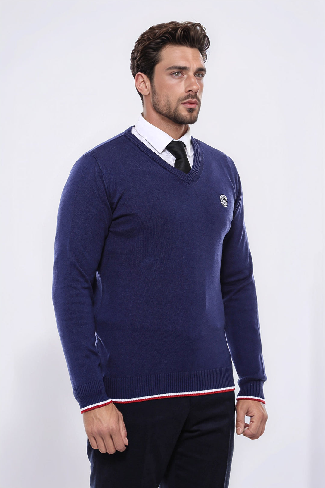 Suéter ajustado con cuello en V azul marino para hombre - Wessi