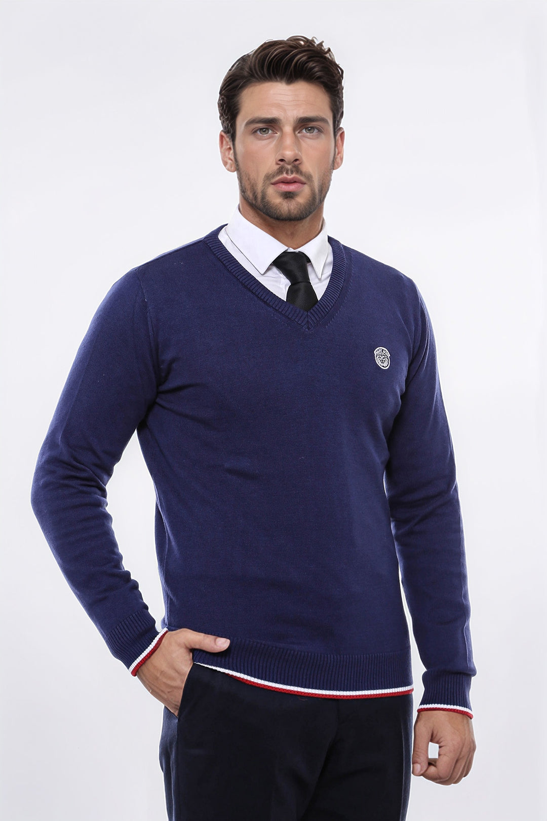 Suéter ajustado con cuello en V azul marino para hombre - Wessi