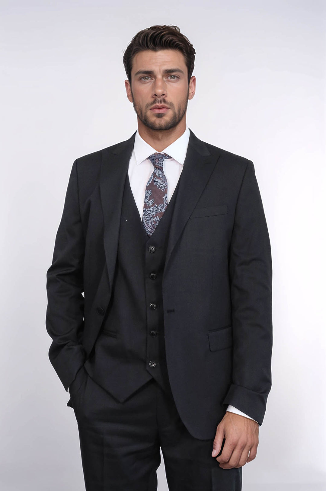 Traje de tres piezas con solapa de pico y un botón para hombre, color negro - Wessi