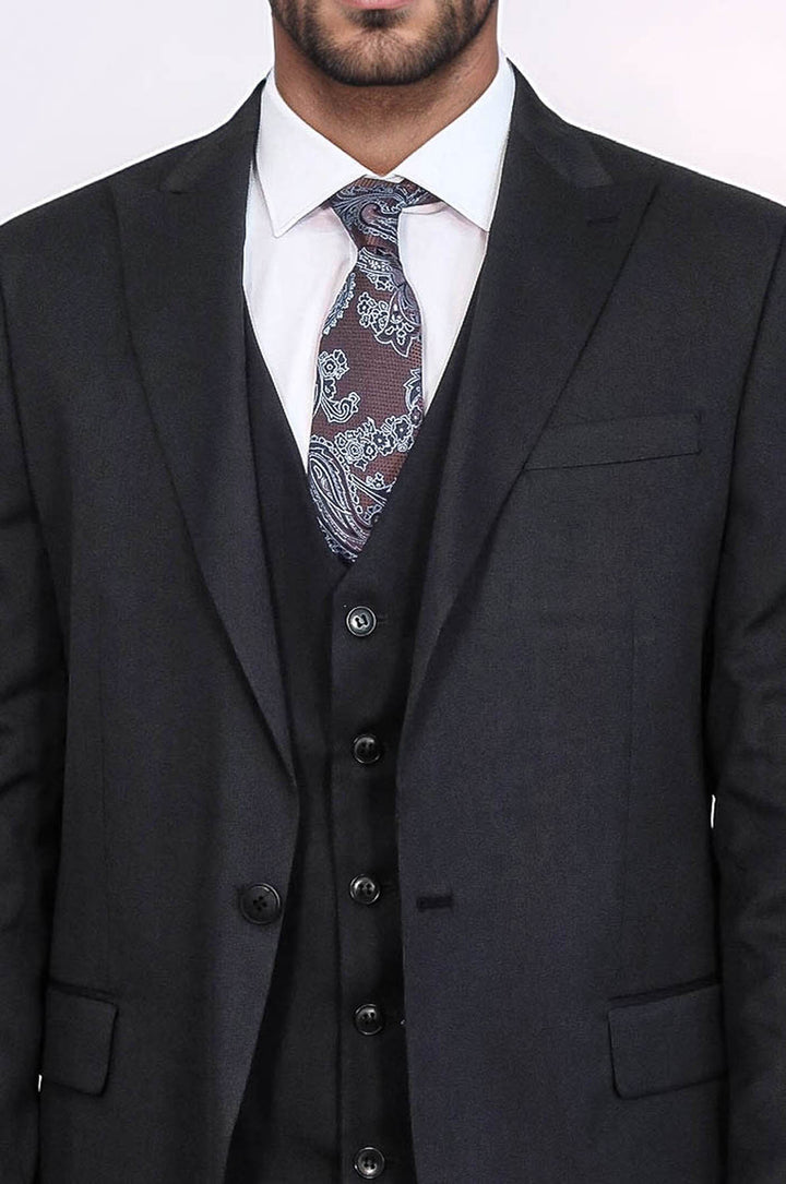 Traje de tres piezas con solapa de pico y un botón para hombre, color negro - Wessi