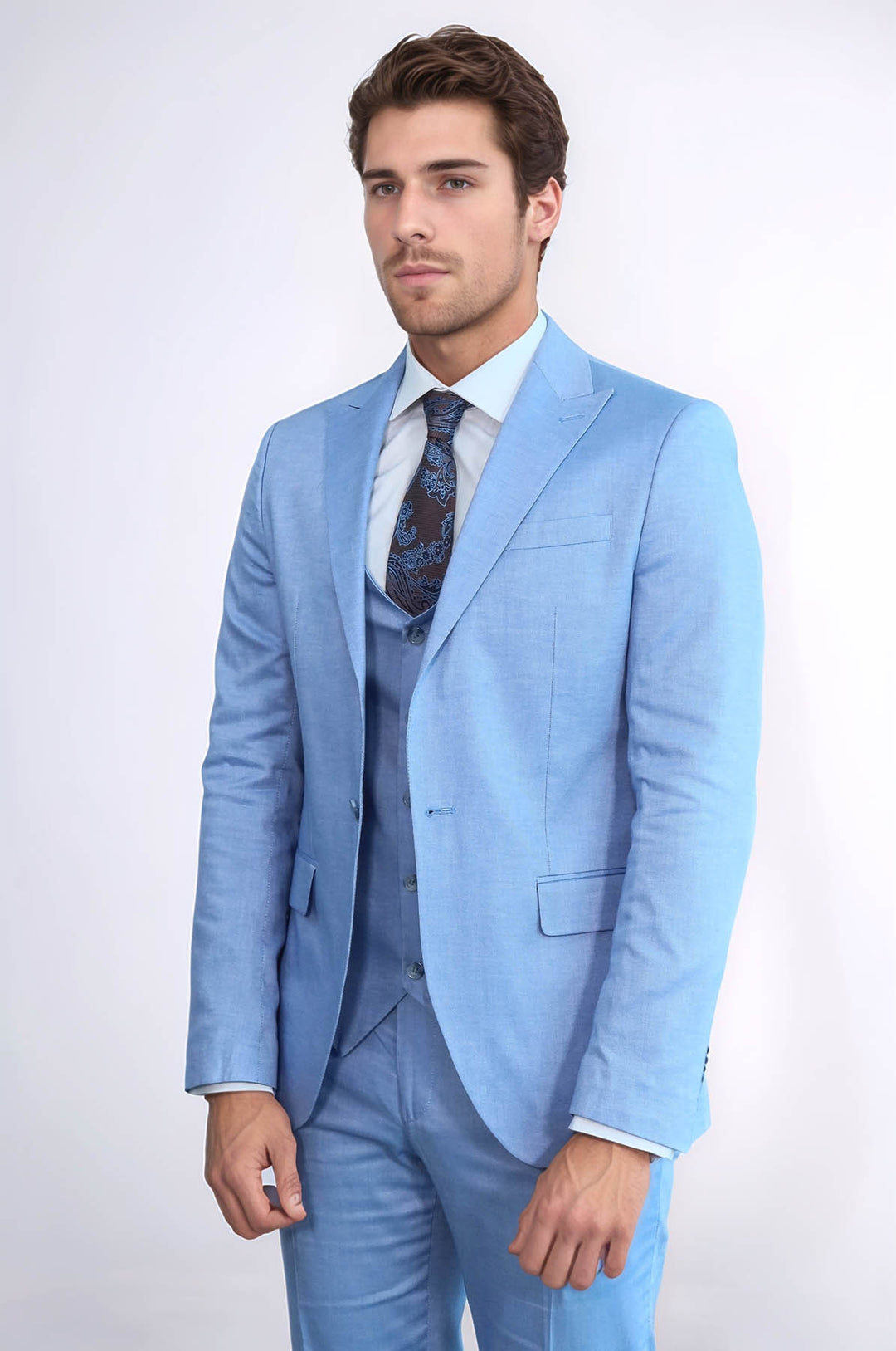 Traje de hombre azul hielo de 3 piezas con solapa de pico y un botón - Wessi