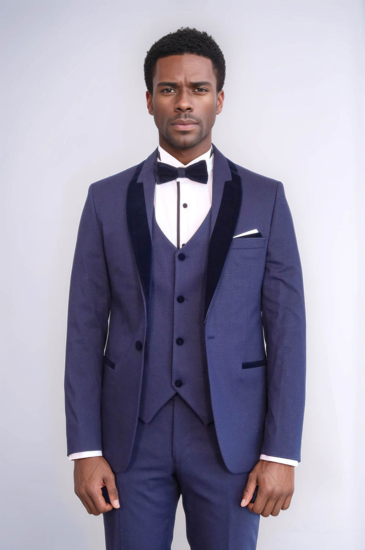 Desenli Kadife Yaka Lacivert Tuxedo - Wessi