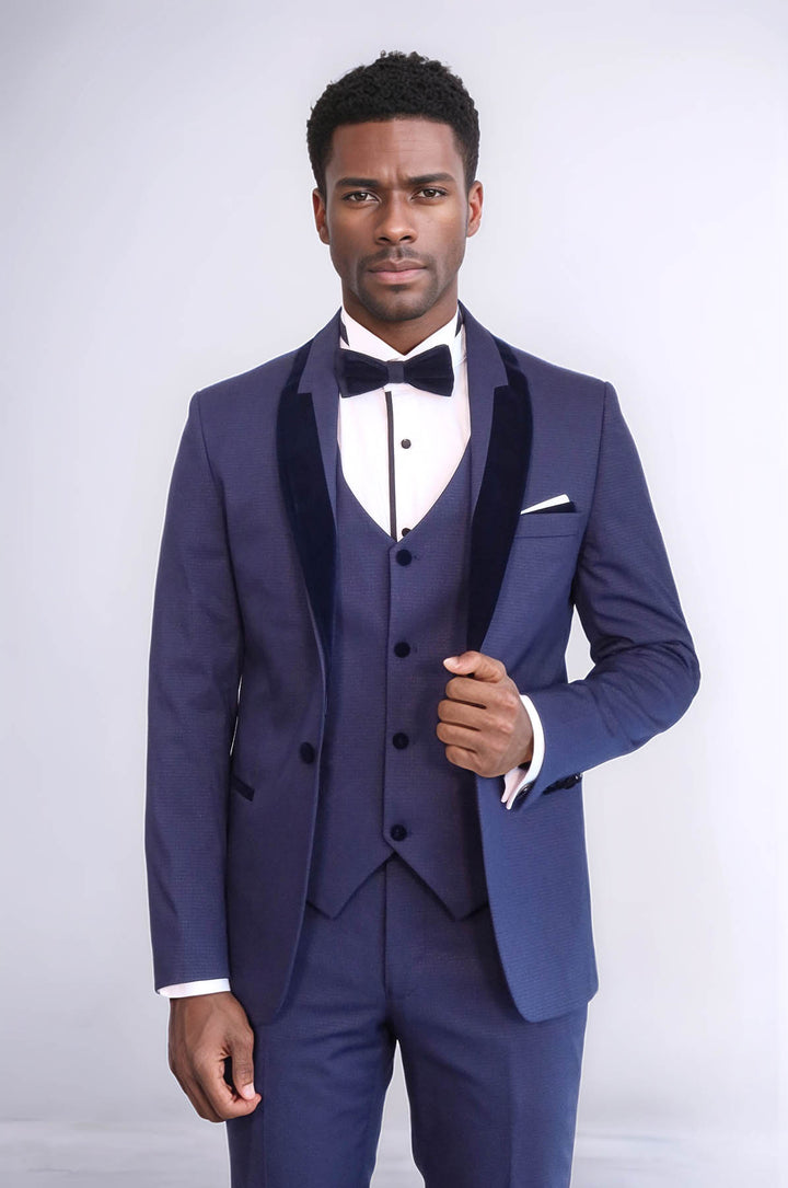 Desenli Kadife Yaka Lacivert Tuxedo - Wessi