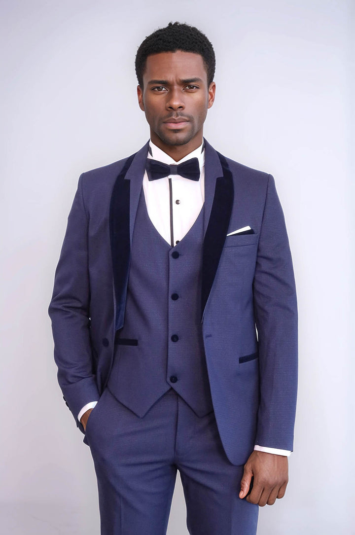 Desenli Kadife Yaka Lacivert Tuxedo - Wessi