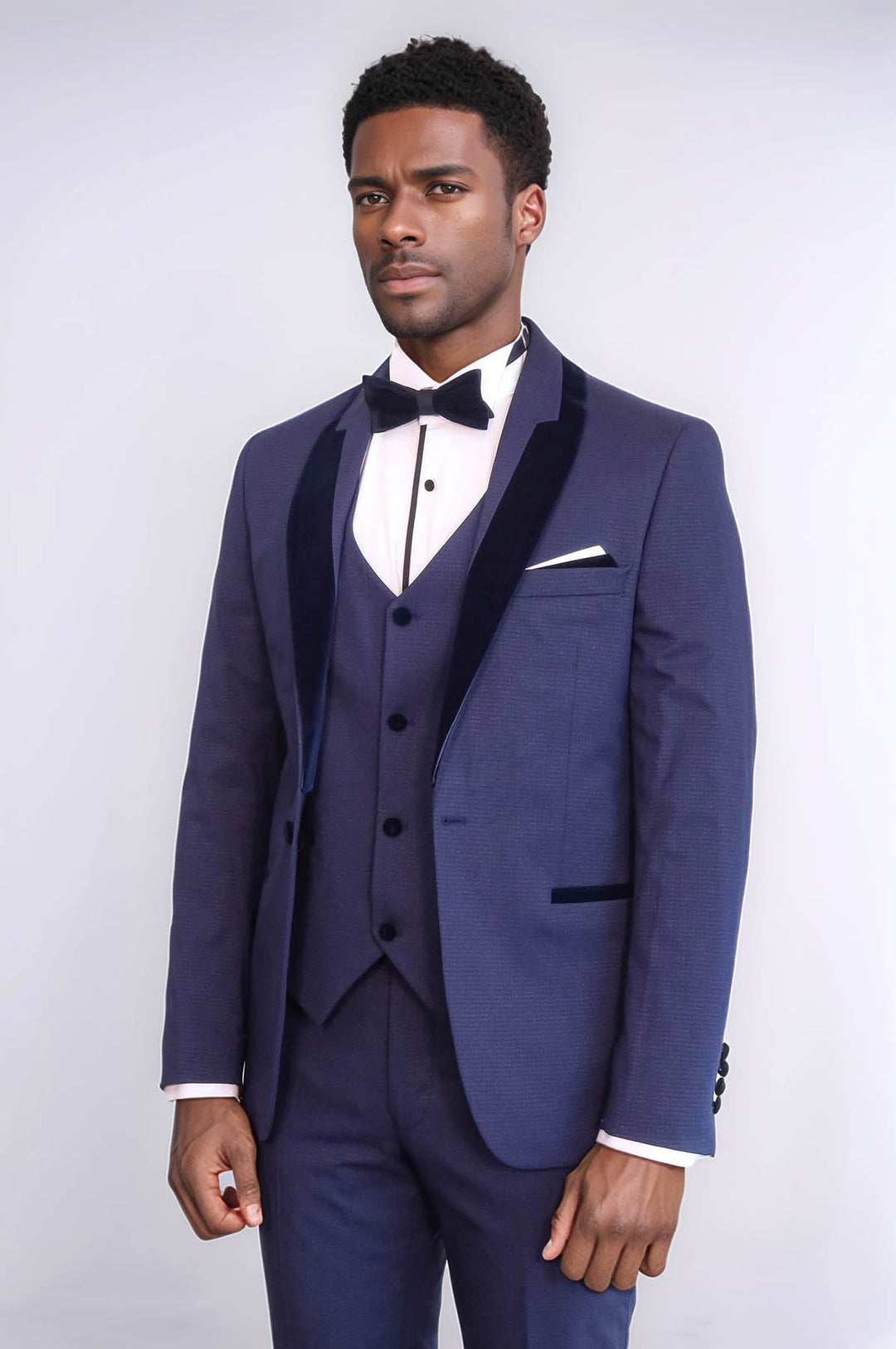 Desenli Kadife Yaka Lacivert Tuxedo - Wessi