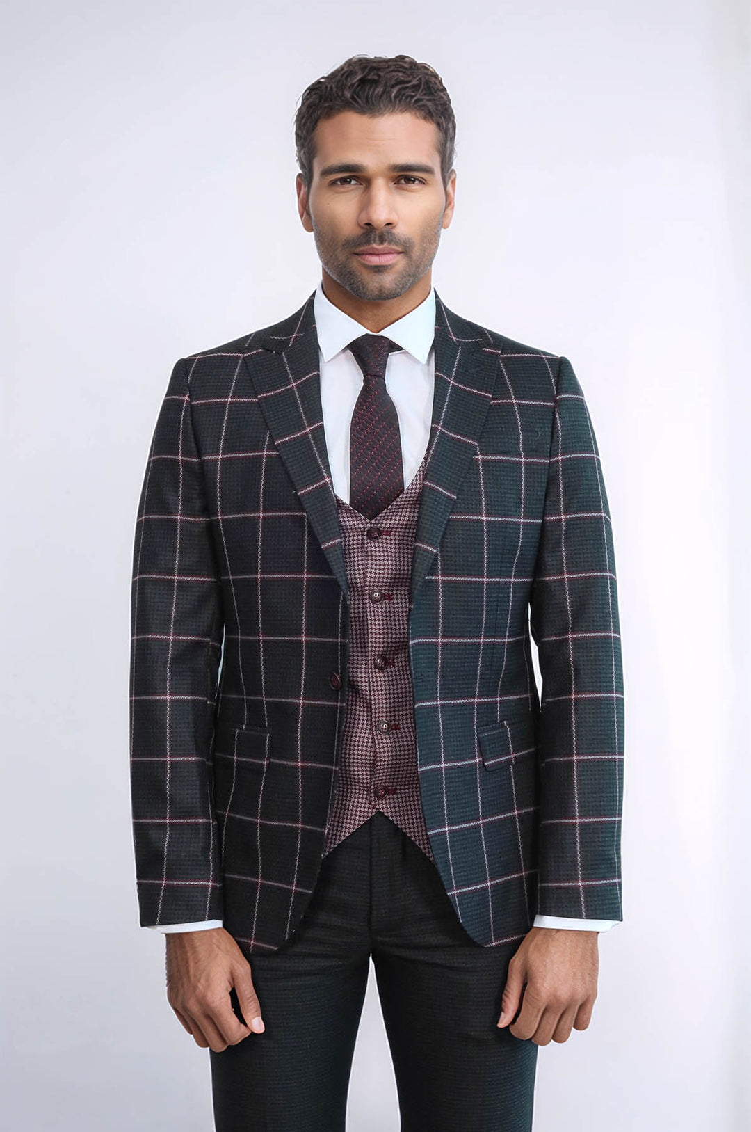 Traje de hombre ajustado de corte entallado y estampado de cuadros en color negro - Wessi