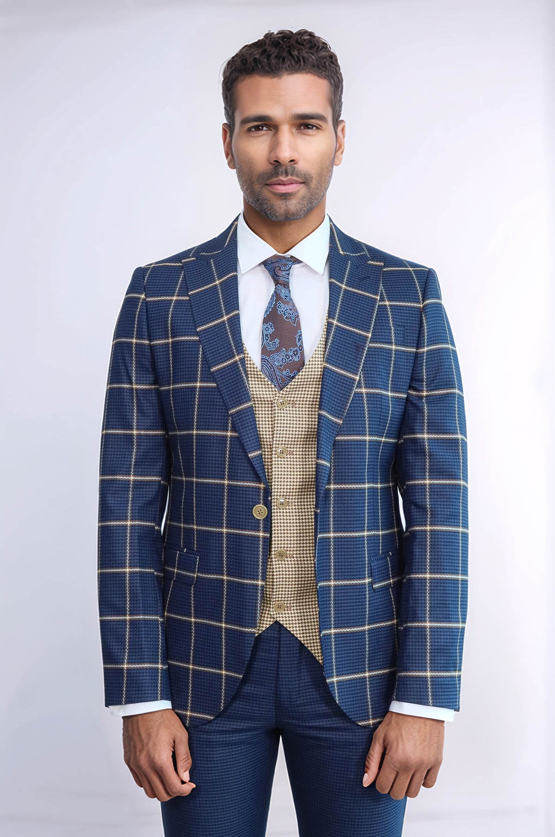 Traje azul marino de corte entallado con estampado de cuadros para hombre - Wessi