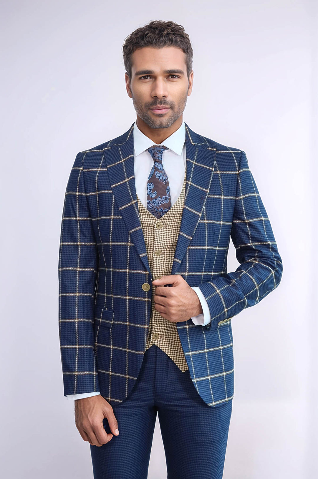 Traje azul marino de corte entallado con estampado de cuadros para hombre - Wessi