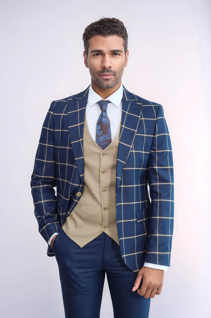 Traje azul marino de corte entallado con estampado de cuadros para hombre - Wessi