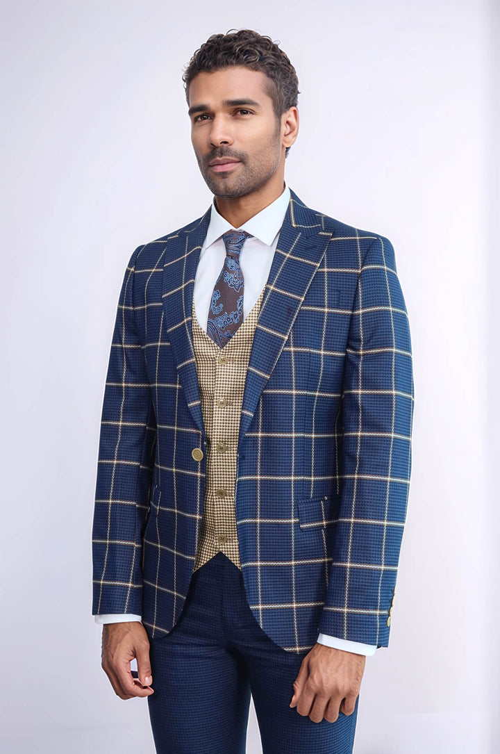 Traje azul marino de corte entallado con estampado de cuadros para hombre - Wessi