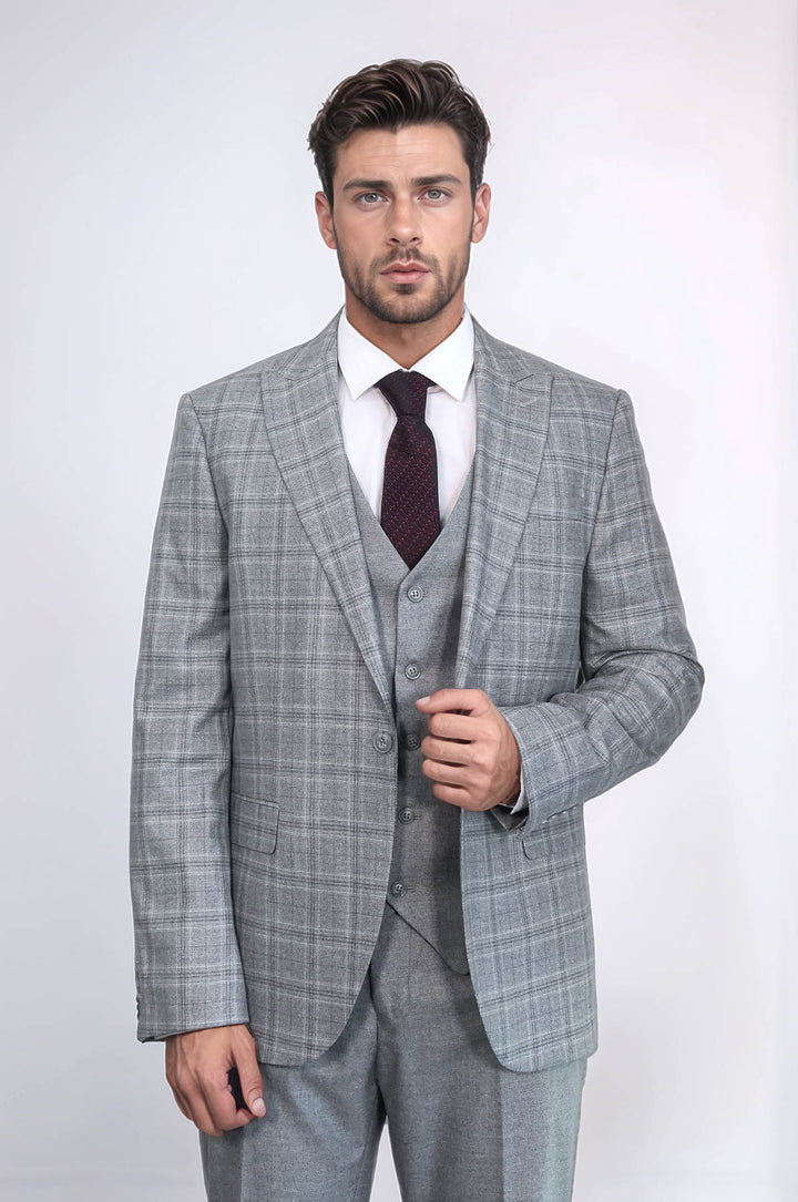 Traje de hombre gris claro de corte entallado y cuadros - Wessi