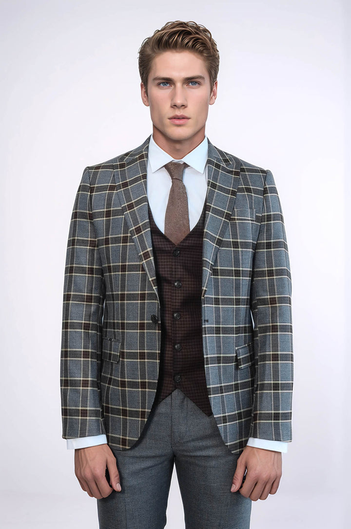 Traje de hombre en color antracita con corte entallado y estampado a cuadros - Wessi
