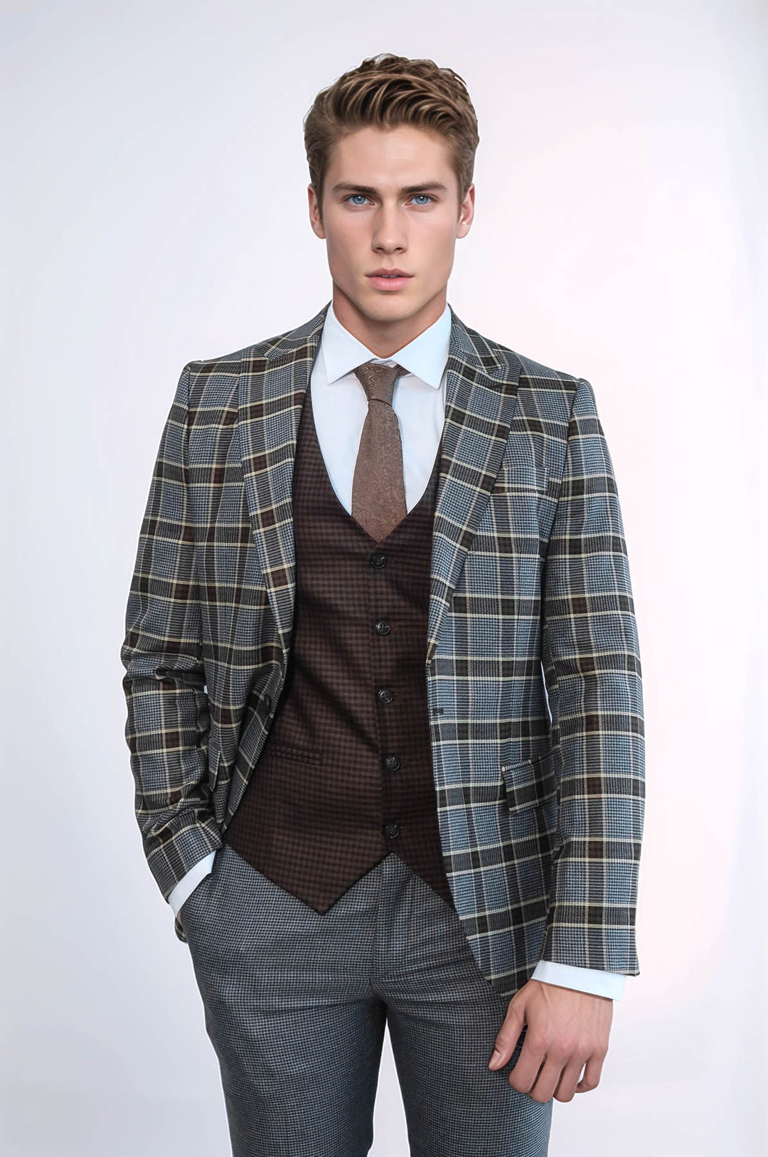 Traje de hombre en color antracita con corte entallado y estampado a cuadros - Wessi