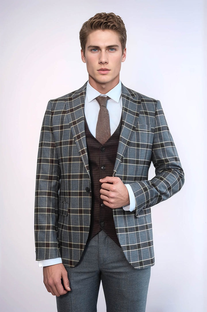 Traje de hombre en color antracita con corte entallado y estampado a cuadros - Wessi