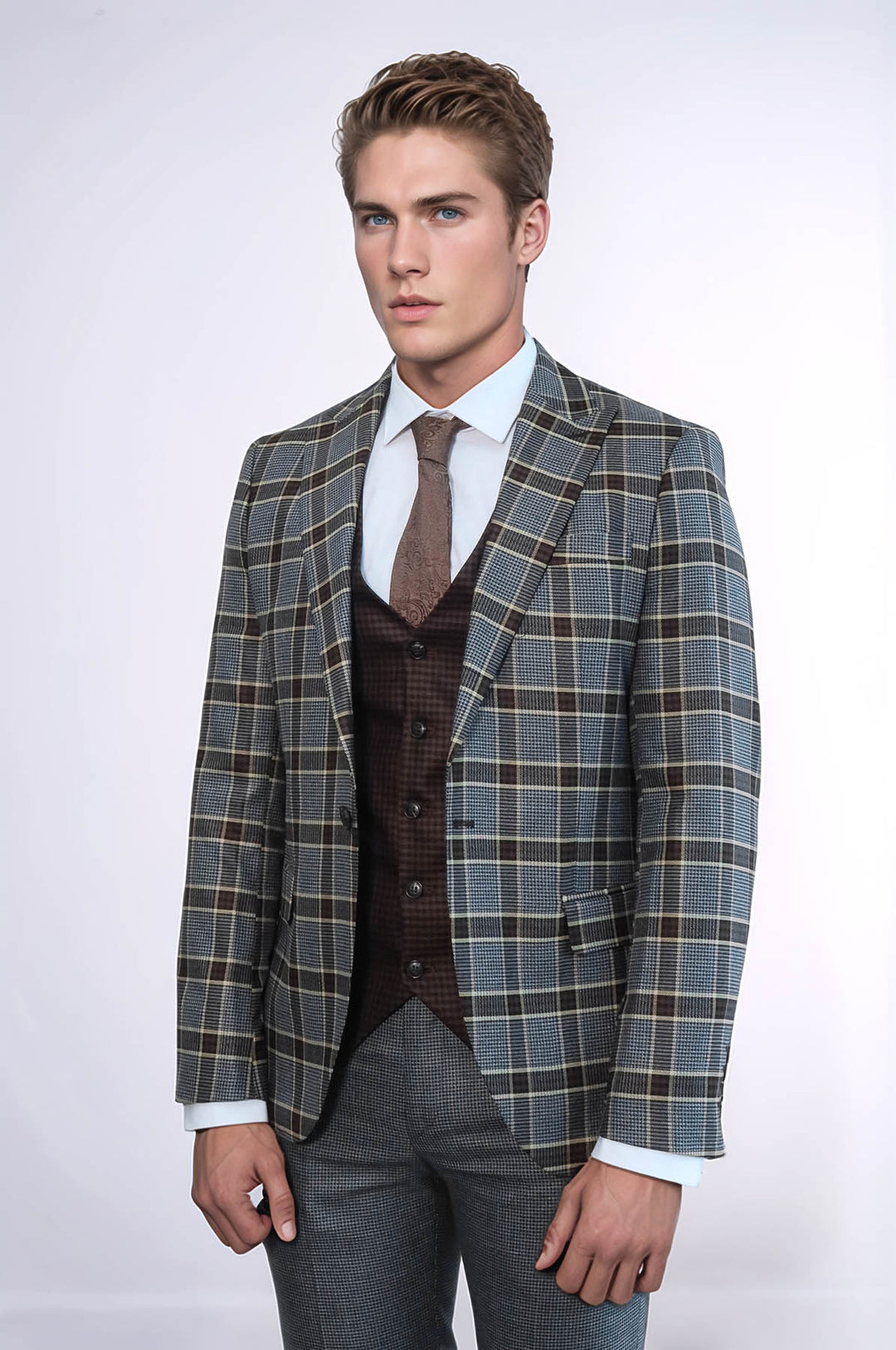 Traje de hombre en color antracita con corte entallado y estampado a cuadros - Wessi