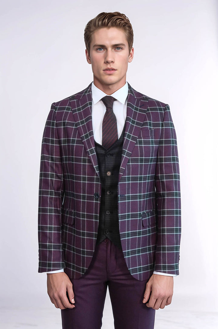 Traje de hombre burdeos con estampado de cuadros y corte entallado - Wessi