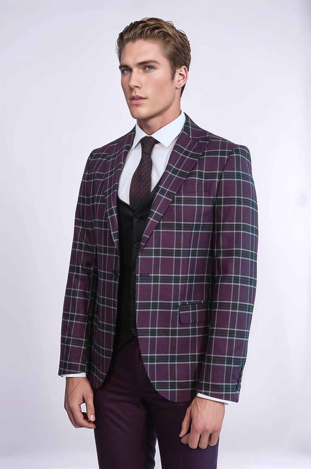 Traje de hombre burdeos con estampado de cuadros y corte entallado - Wessi