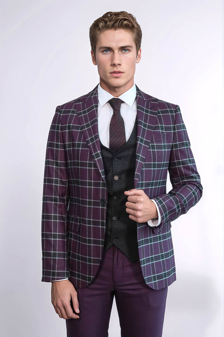 Traje de hombre burdeos con estampado de cuadros y corte entallado - Wessi