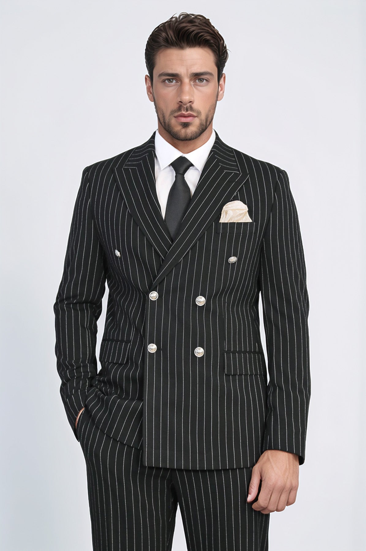Pinstripe Double Breasted Men's Black Suit with Silver Button