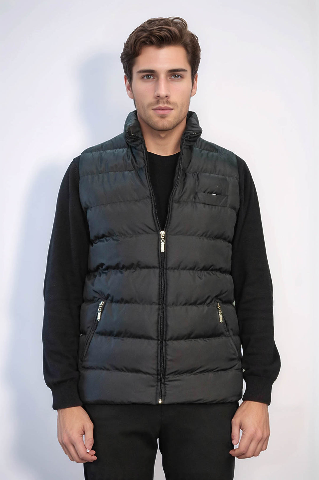 Chaleco de invierno acolchado de plumón negro con bolsillos y cremallera para hombre - Wessi