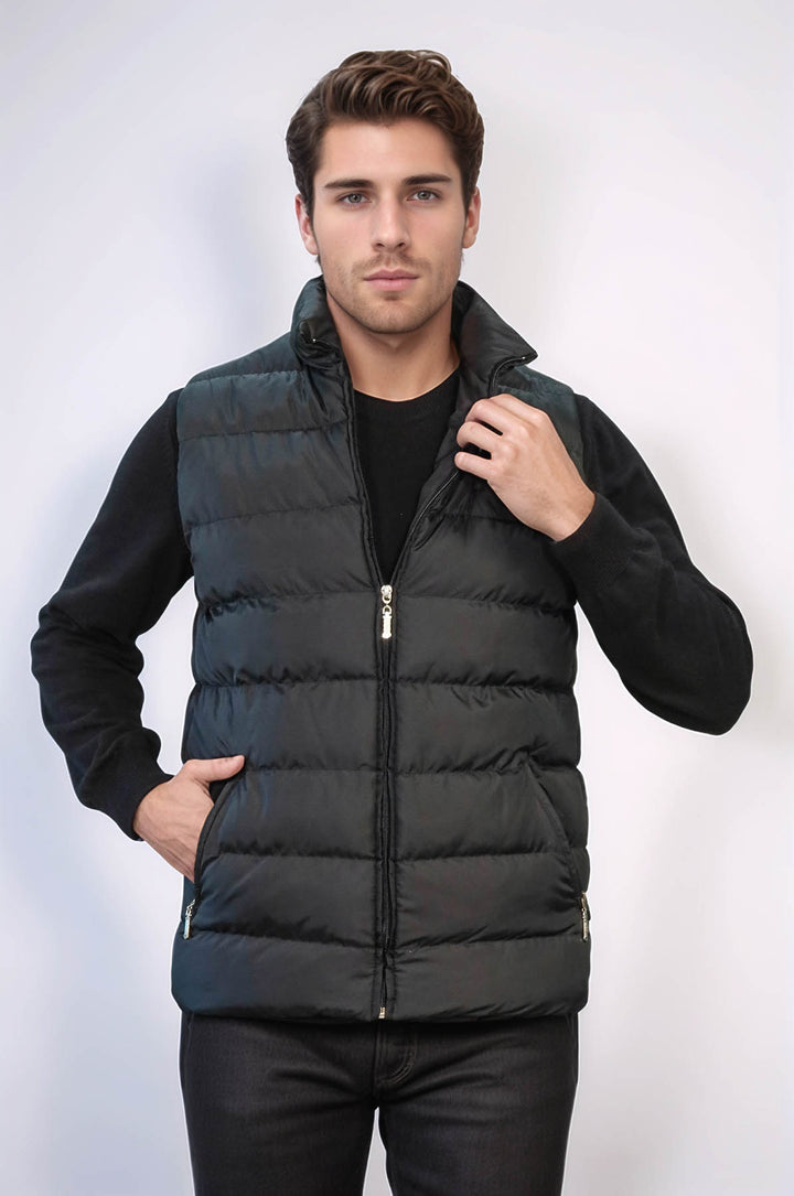 Chaleco de invierno acolchado de plumón negro con bolsillos y cremallera para hombre - Wessi