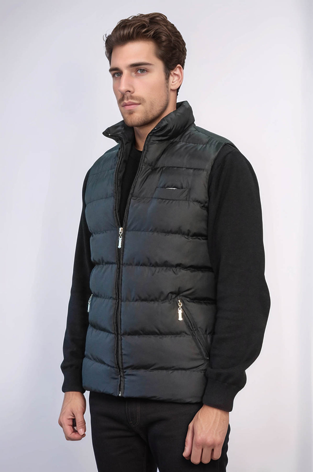 Chaleco de invierno acolchado de plumón negro con bolsillos y cremallera para hombre - Wessi