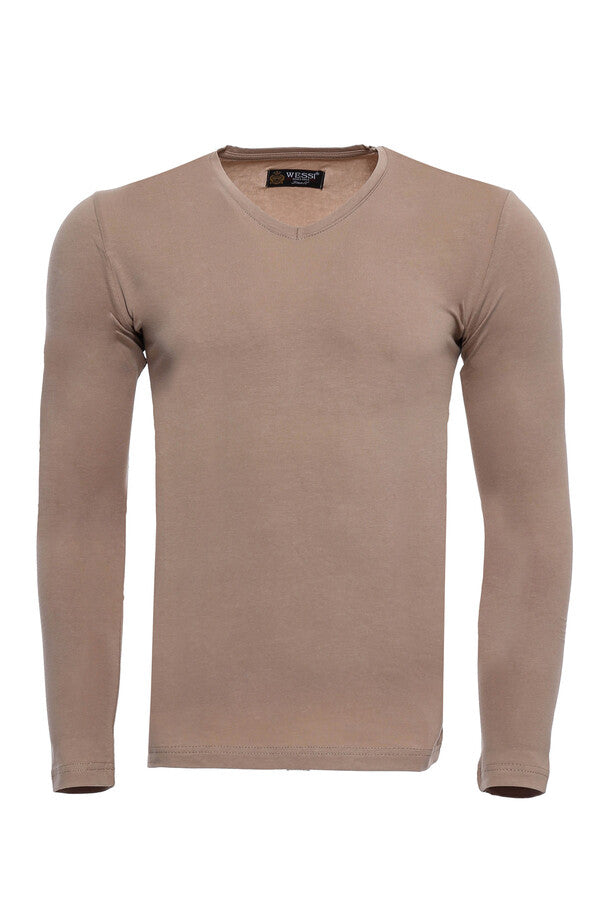 Beige V Neck Plain Sweatshirt - Wessi