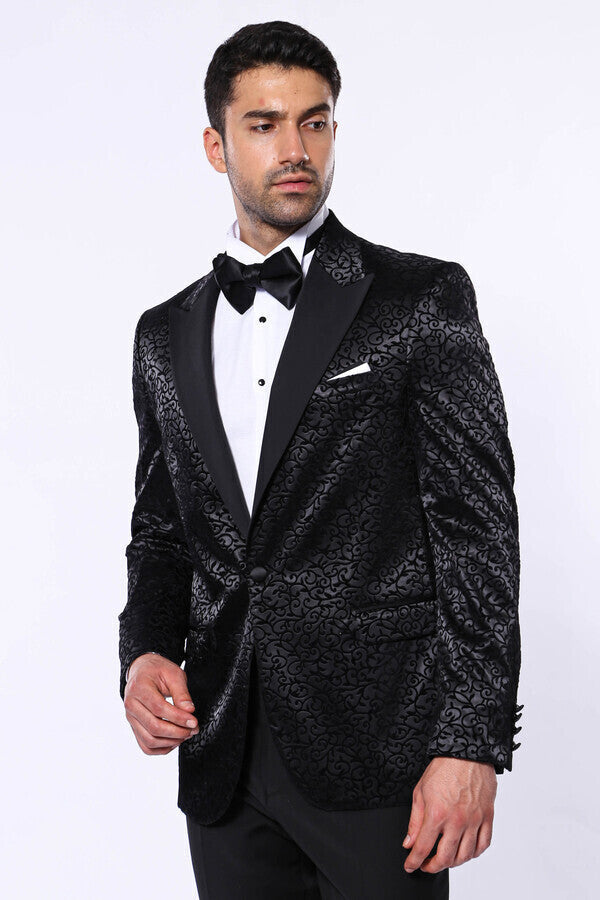 Black Floral Patterned Party Men's Blazer - Wessi