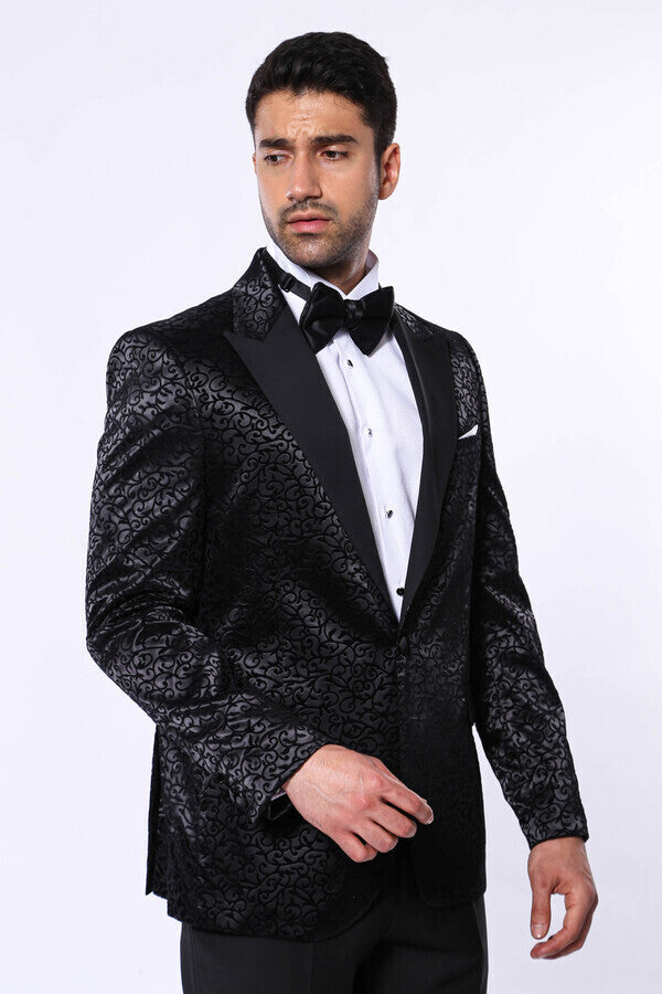 Black Floral Patterned Party Men's Blazer - Wessi