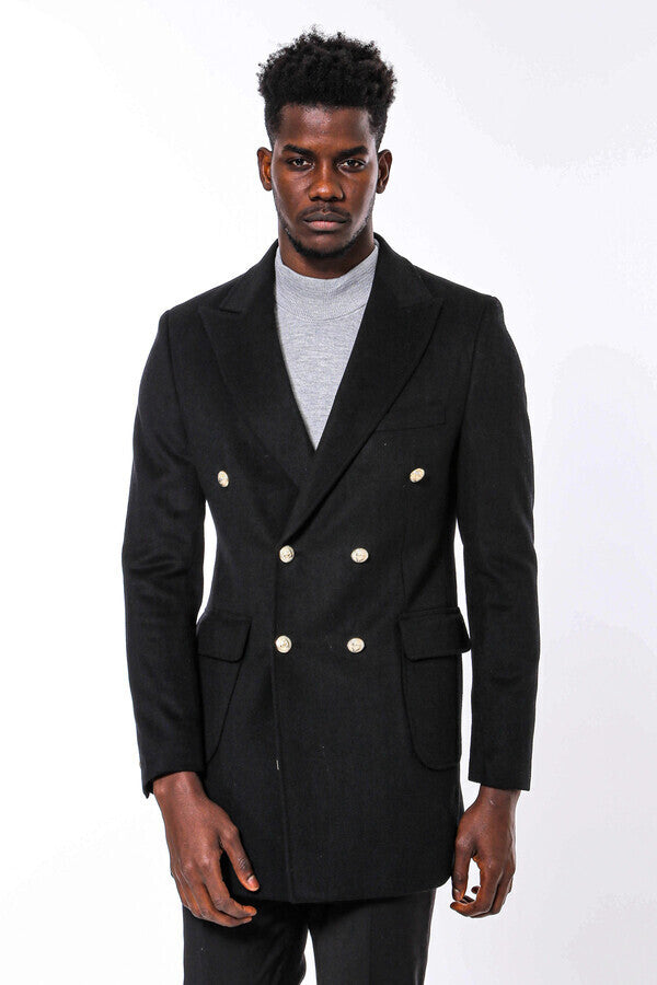Abrigo largo cruzado con botones de metal para hombre, color negro - Wessi