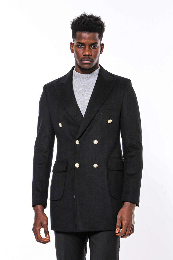 Abrigo largo cruzado con botones de metal para hombre, color negro - Wessi