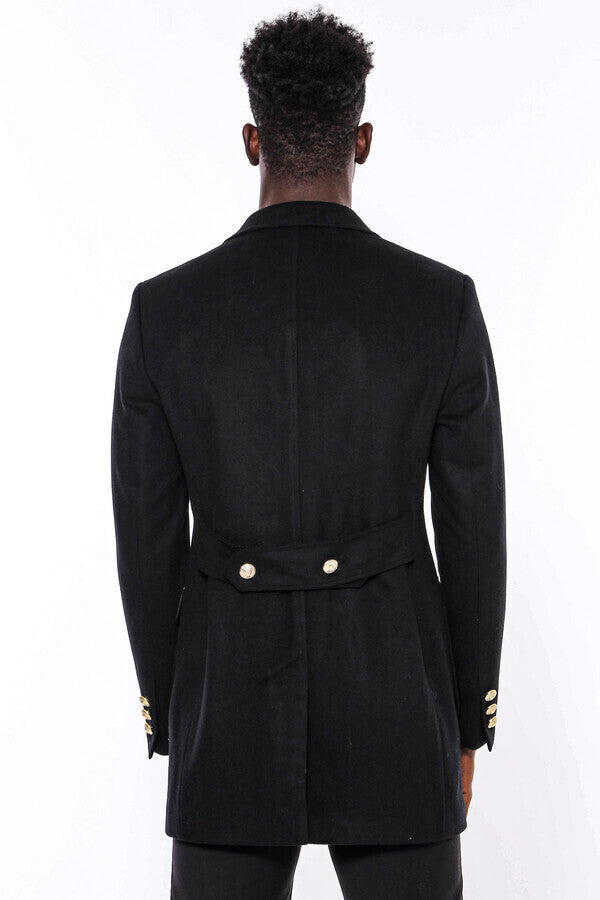 Abrigo largo cruzado con botones de metal para hombre, color negro - Wessi
