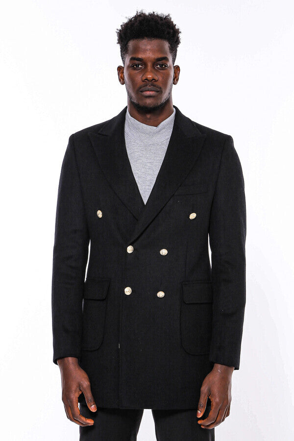 Abrigo largo cruzado con botones de metal para hombre, color negro - Wessi