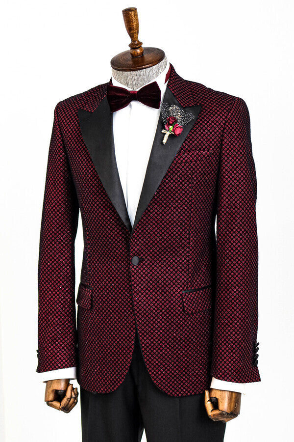 Blazer de fiesta para hombre con estampado negro sobre burdeos - Wessi