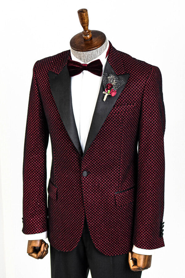 Blazer de fiesta para hombre con estampado negro sobre burdeos - Wessi