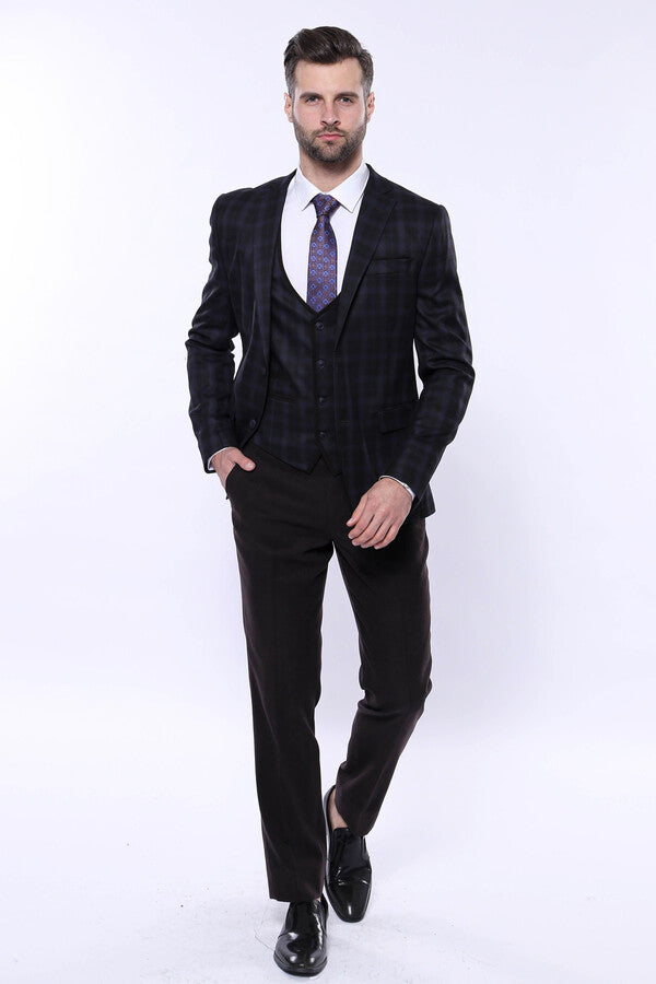 Traje de invierno de tres piezas para hombre a cuadros negros - Wessi