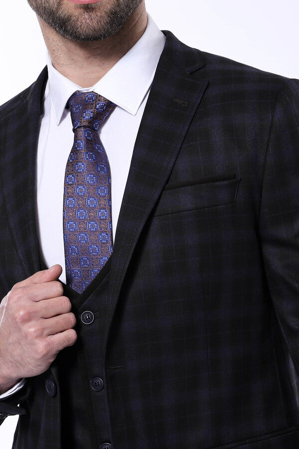 Traje de invierno de tres piezas para hombre a cuadros negros - Wessi