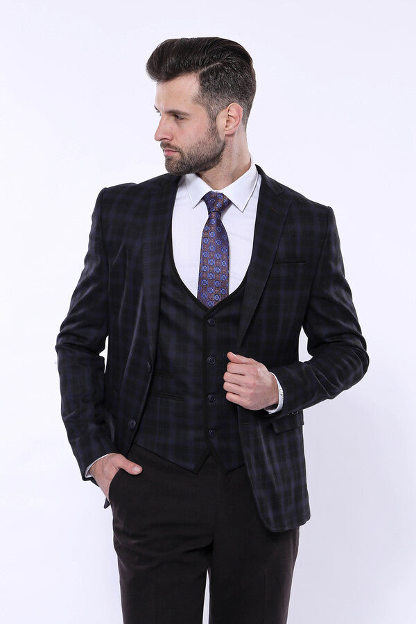 Traje de invierno de tres piezas para hombre a cuadros negros - Wessi